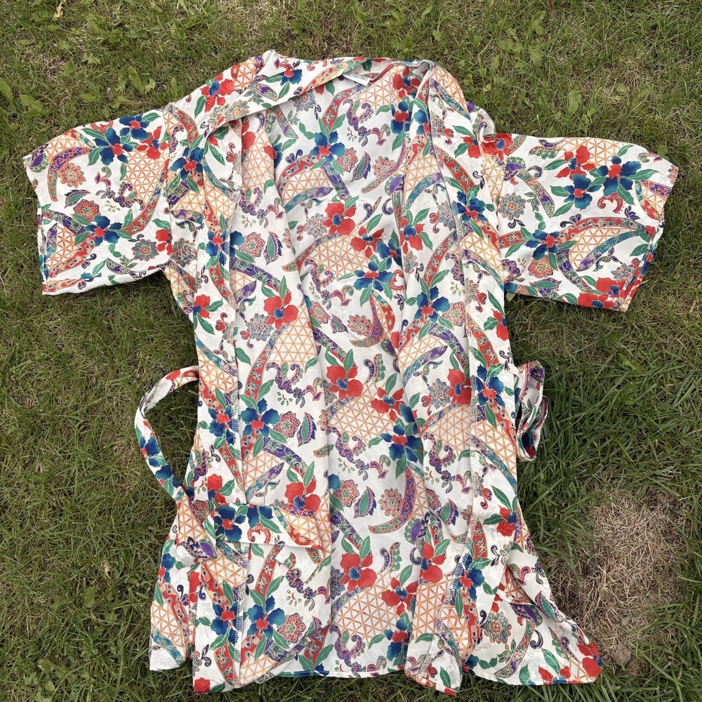 Vintage Satin Robe Copacabana Womens S/M Tropical Mandala Japanese‎ Shimmer Belt